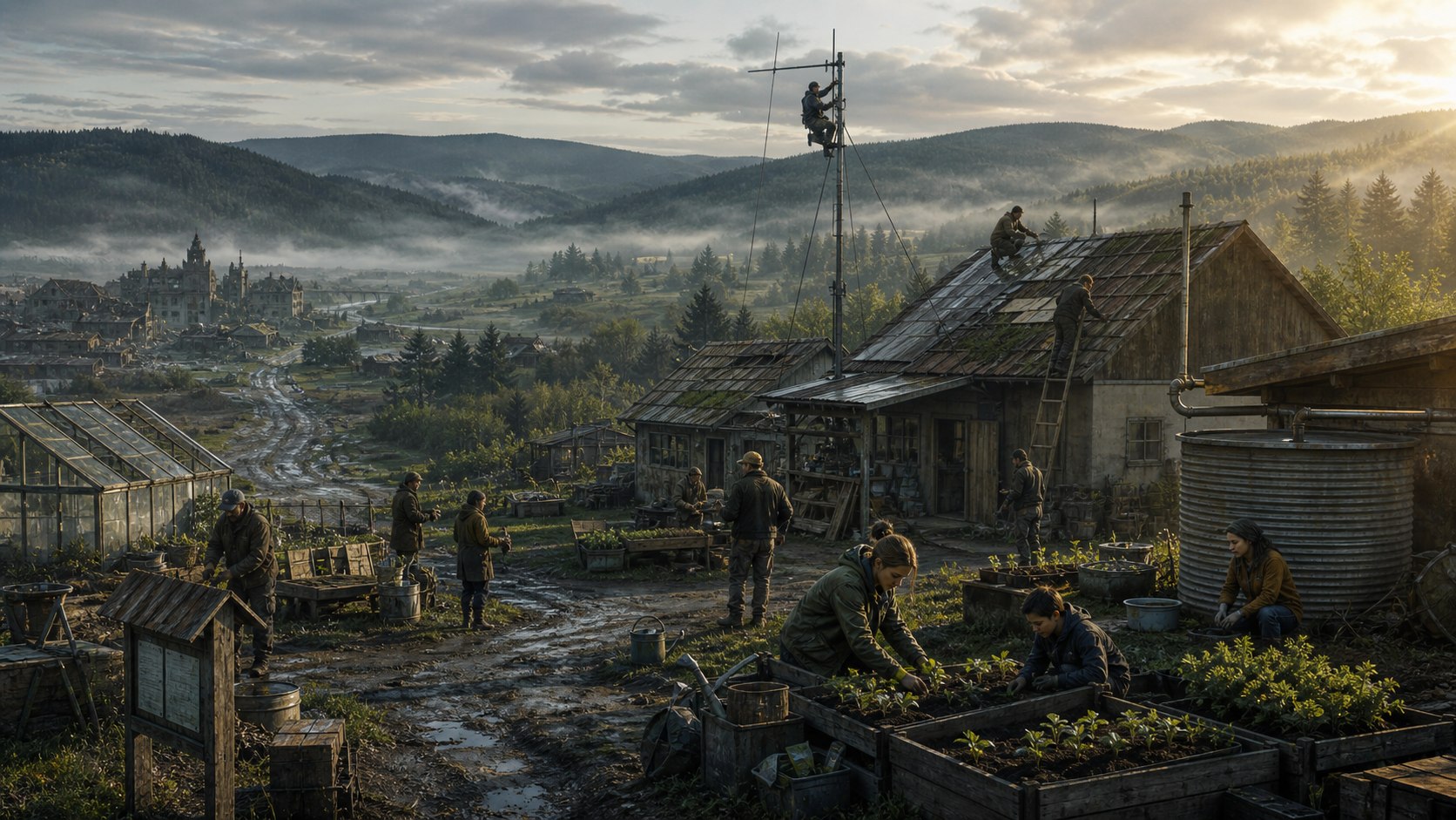Survivors repair a settlement and plant the first spring crop
