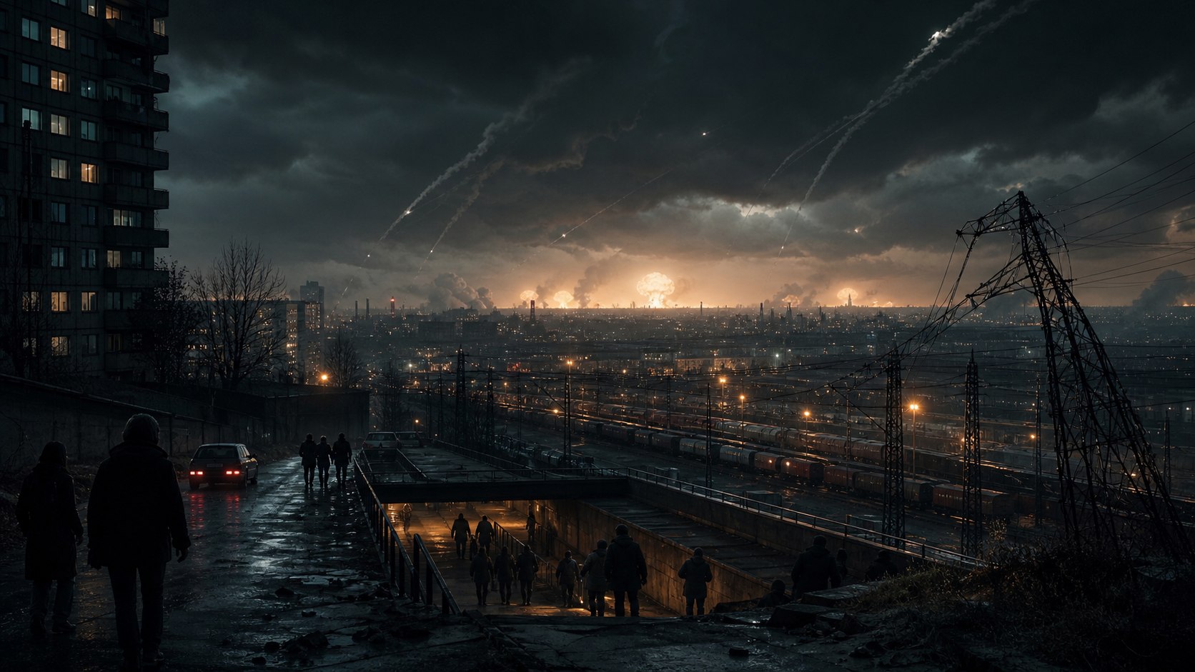 Civilians descend into a shelter while distant strikes illuminate a Central European city